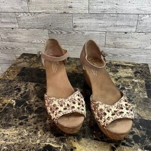 TOMS Platform Wedge Tan Stucco Suede‎ Woven Open Toe Cork Sandals Womens US 8